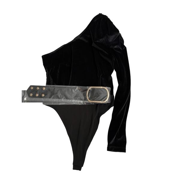 NOCTURNE Padded One Shoulder Velvet Bodysuit With Belt in Black Sz L - Picture 7 of 15